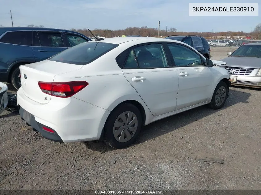 2020 Kia Rio S VIN: 3KPA24AD6LE330910 Lot: 40891085