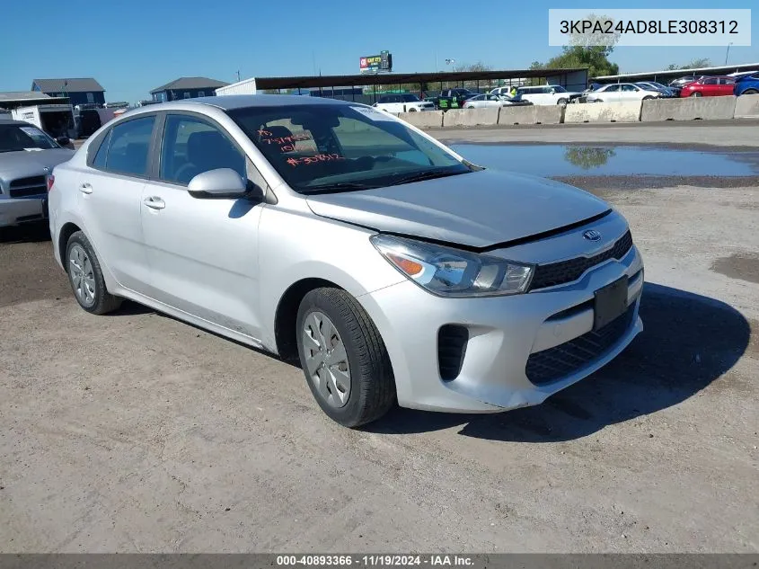 2020 Kia Rio Lx VIN: 3KPA24AD8LE308312 Lot: 40893366