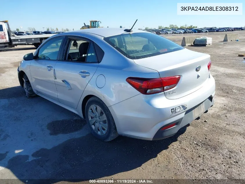 2020 Kia Rio Lx VIN: 3KPA24AD8LE308312 Lot: 40893366