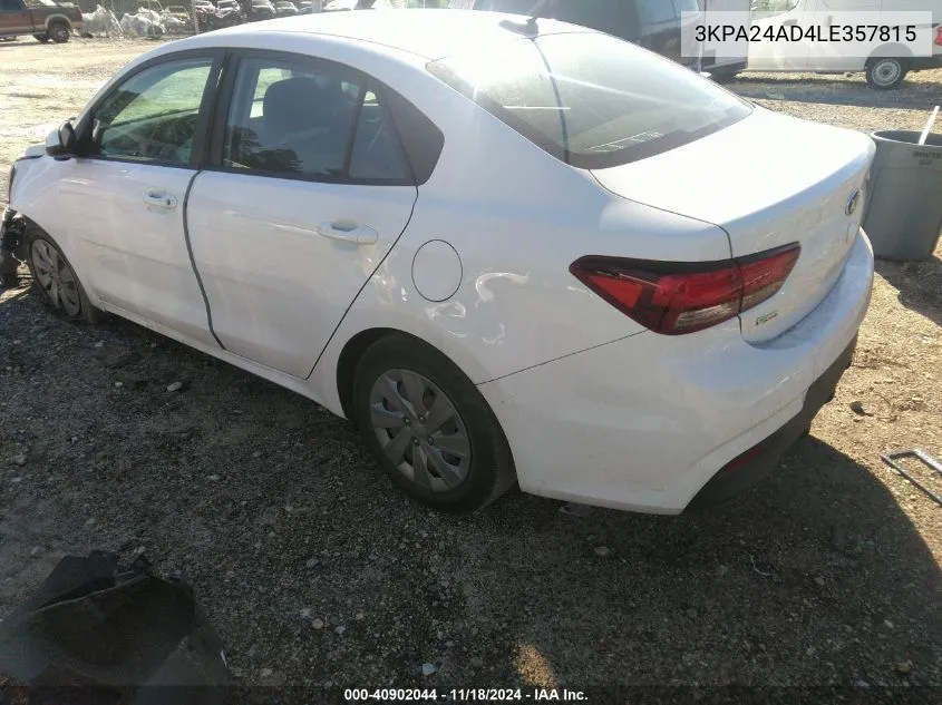 2020 Kia Rio Lx VIN: 3KPA24AD4LE357815 Lot: 40902044