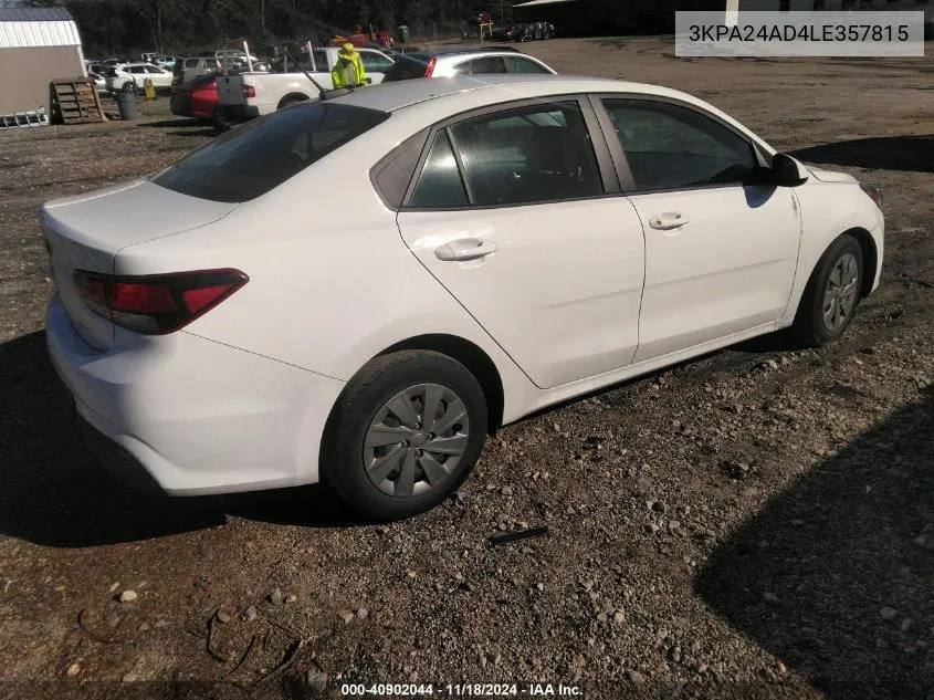 2020 Kia Rio Lx VIN: 3KPA24AD4LE357815 Lot: 40902044