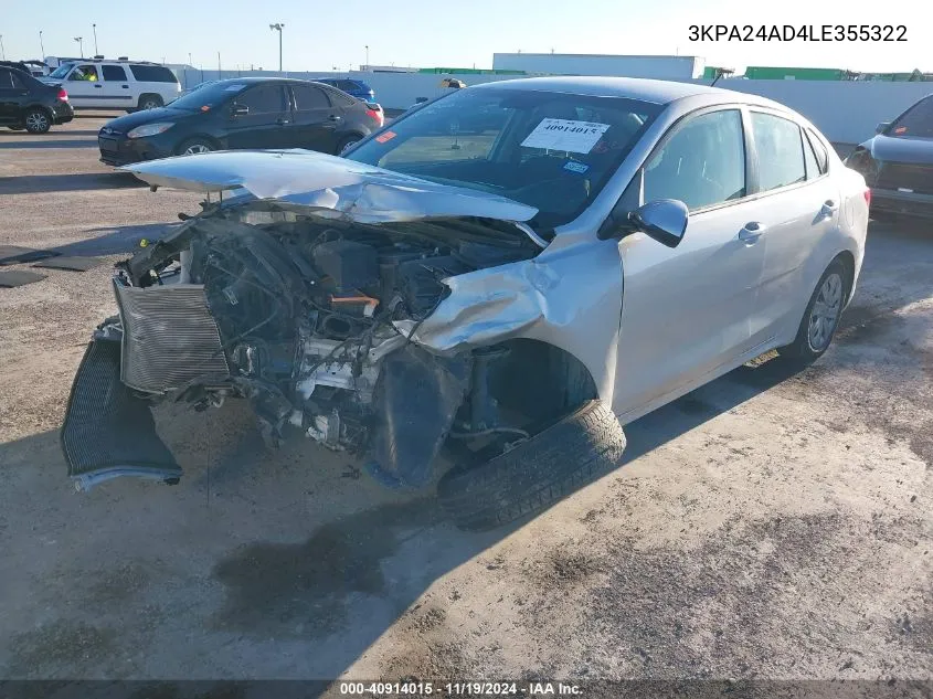 2020 Kia Rio S VIN: 3KPA24AD4LE355322 Lot: 40914015