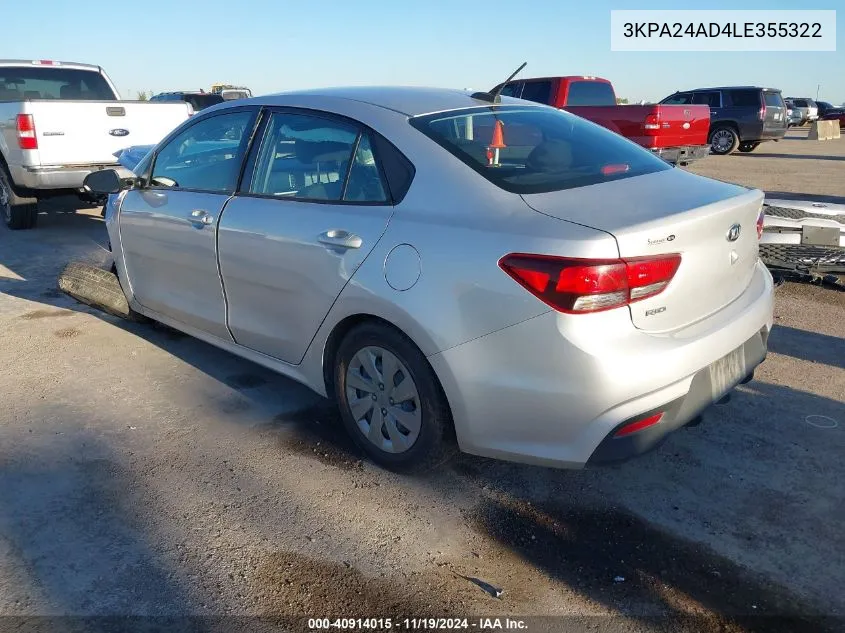 2020 Kia Rio S VIN: 3KPA24AD4LE355322 Lot: 40914015