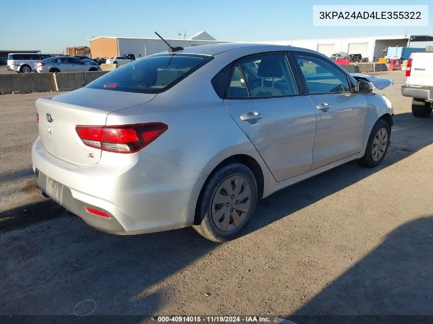 2020 Kia Rio S VIN: 3KPA24AD4LE355322 Lot: 40914015