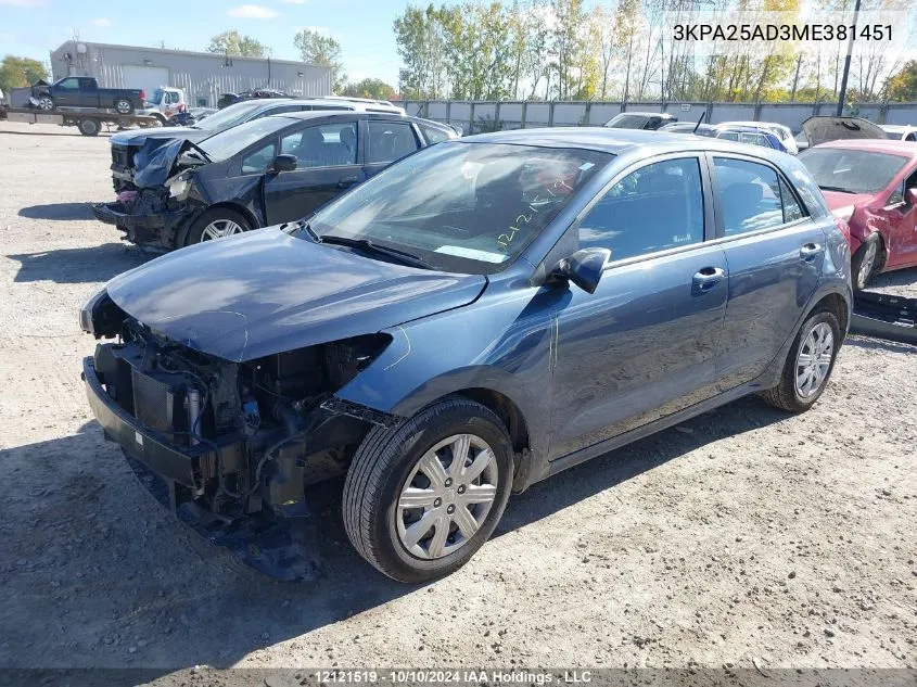 2021 Kia Rio 5-Door VIN: 3KPA25AD3ME381451 Lot: 12121519