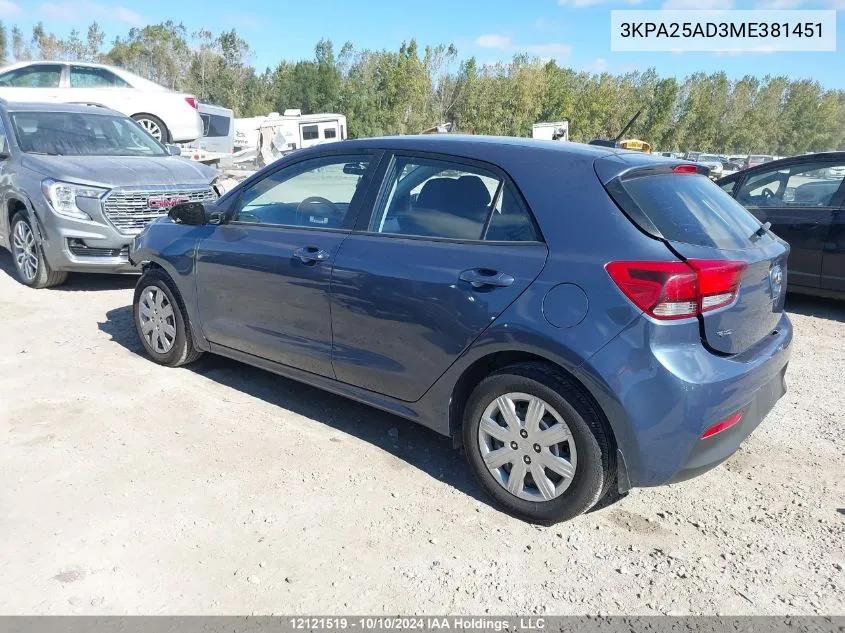 2021 Kia Rio 5-Door VIN: 3KPA25AD3ME381451 Lot: 12121519