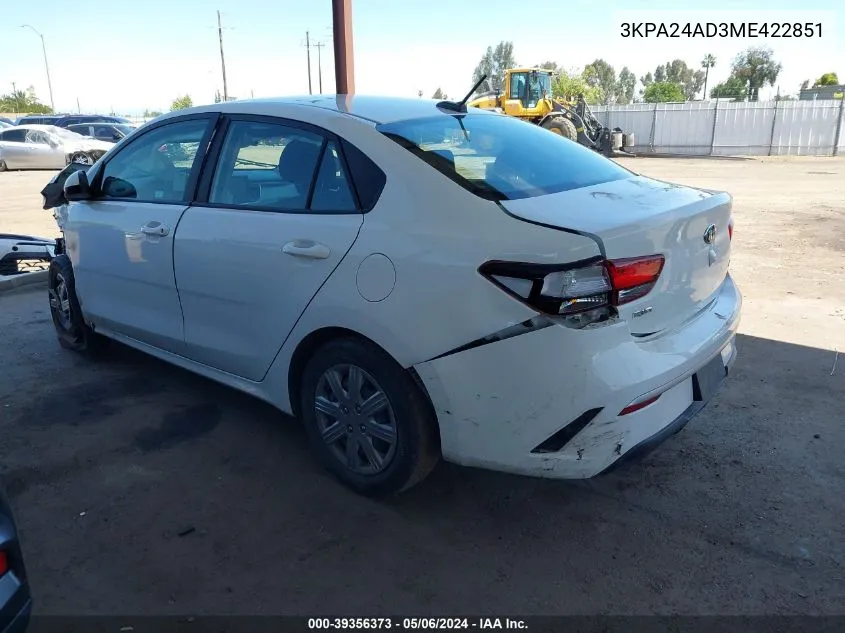 2021 Kia Rio S VIN: 3KPA24AD3ME422851 Lot: 39356373