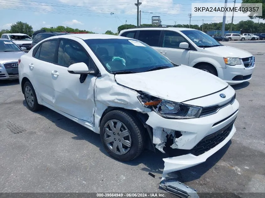 2021 Kia Rio Lx VIN: 3KPA24ADXME403357 Lot: 39564949