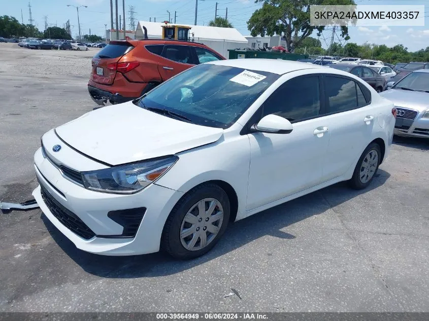 2021 Kia Rio Lx VIN: 3KPA24ADXME403357 Lot: 39564949