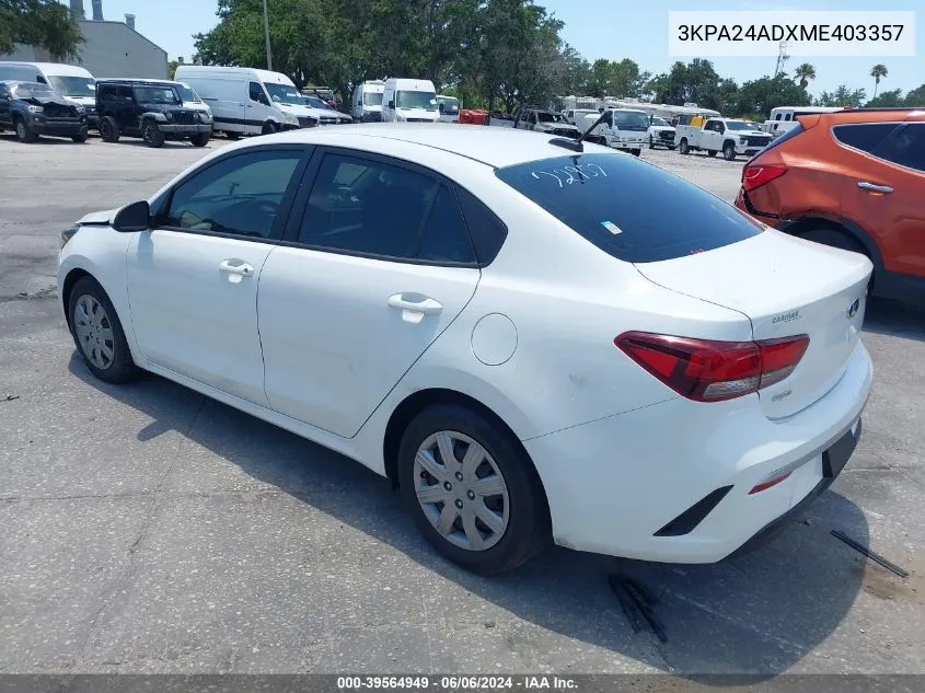 2021 Kia Rio Lx VIN: 3KPA24ADXME403357 Lot: 39564949