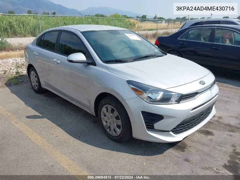 2021 Kia Rio Lx VIN: 3KPA24AD4ME430716 Lot: 39894515