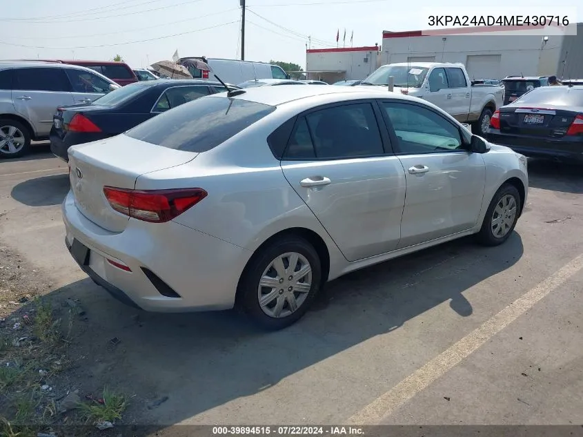 2021 Kia Rio Lx VIN: 3KPA24AD4ME430716 Lot: 39894515