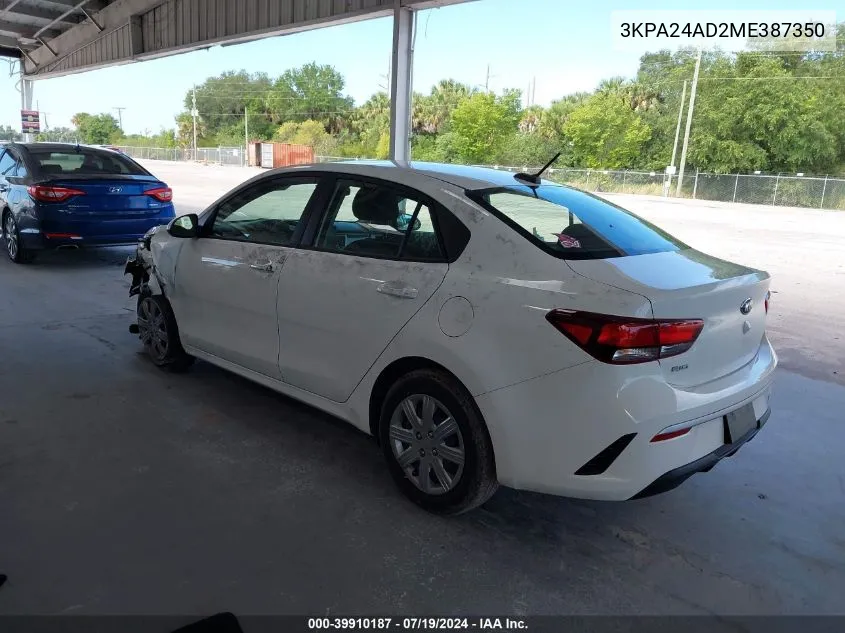 2021 Kia Rio Lx VIN: 3KPA24AD2ME387350 Lot: 39910187