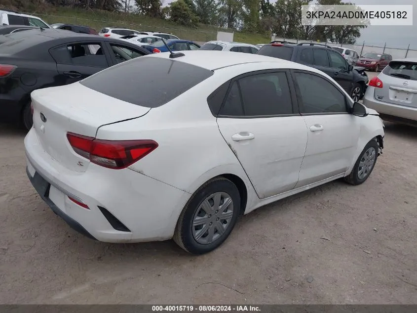 2021 Kia Rio S VIN: 3KPA24AD0ME405182 Lot: 40015719