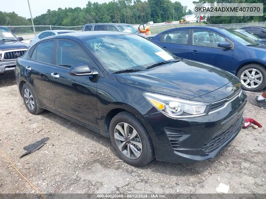 2021 Kia Rio S VIN: 3KPA24ADXME407070 Lot: 40026088