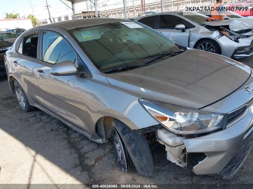 2021 Kia Rio S VIN: 3KPA24AD4MN407999 Lot: 40026968