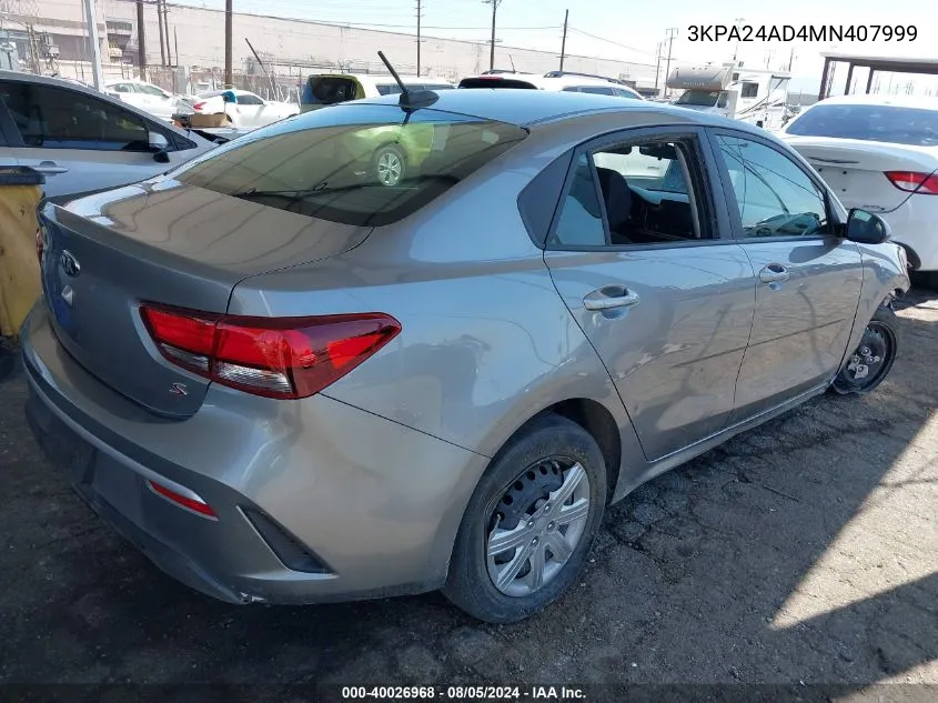 2021 Kia Rio S VIN: 3KPA24AD4MN407999 Lot: 40026968