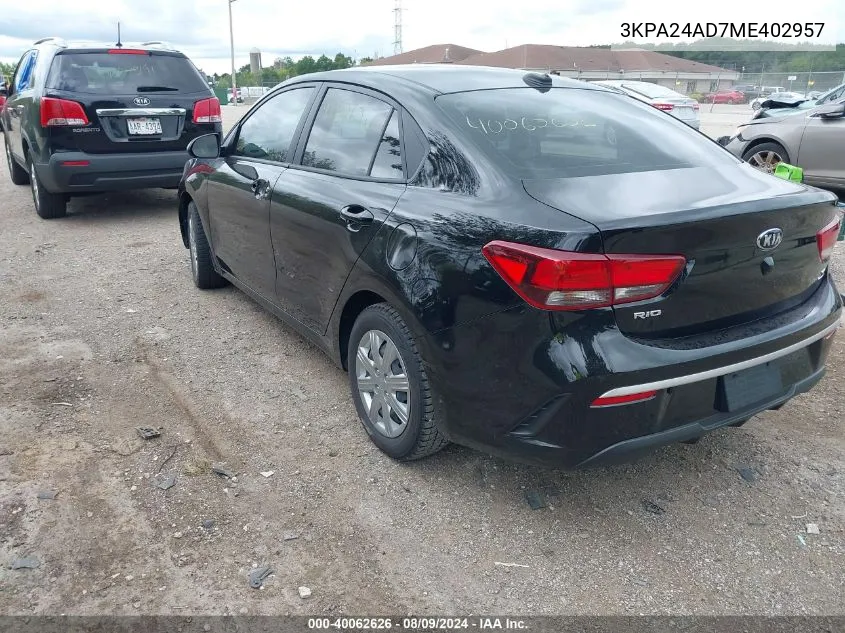 2021 Kia Rio S VIN: 3KPA24AD7ME402957 Lot: 40062626