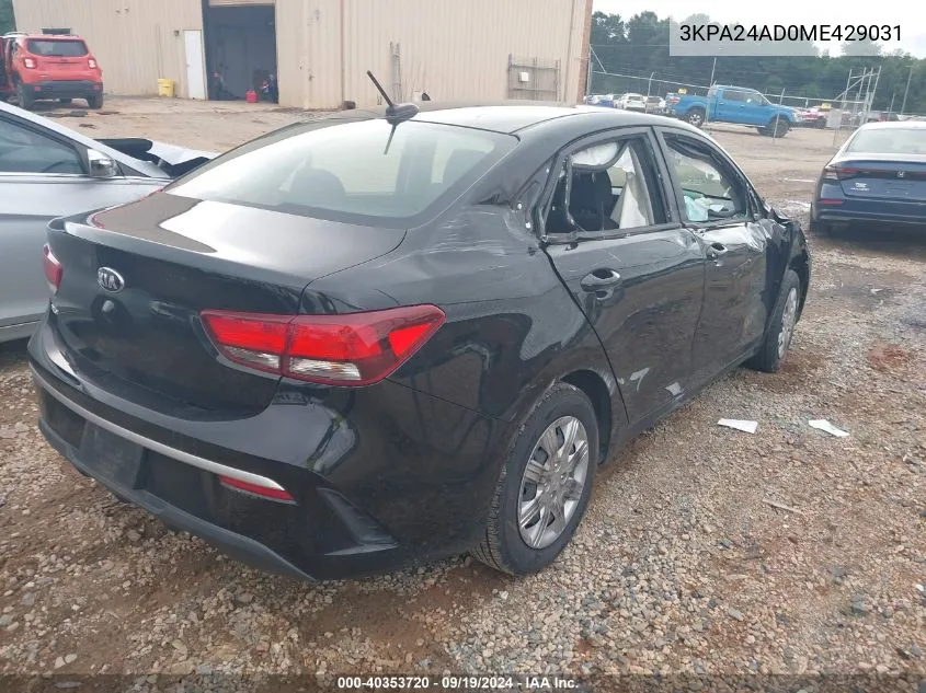 2021 Kia Rio Lx VIN: 3KPA24AD0ME429031 Lot: 40353720