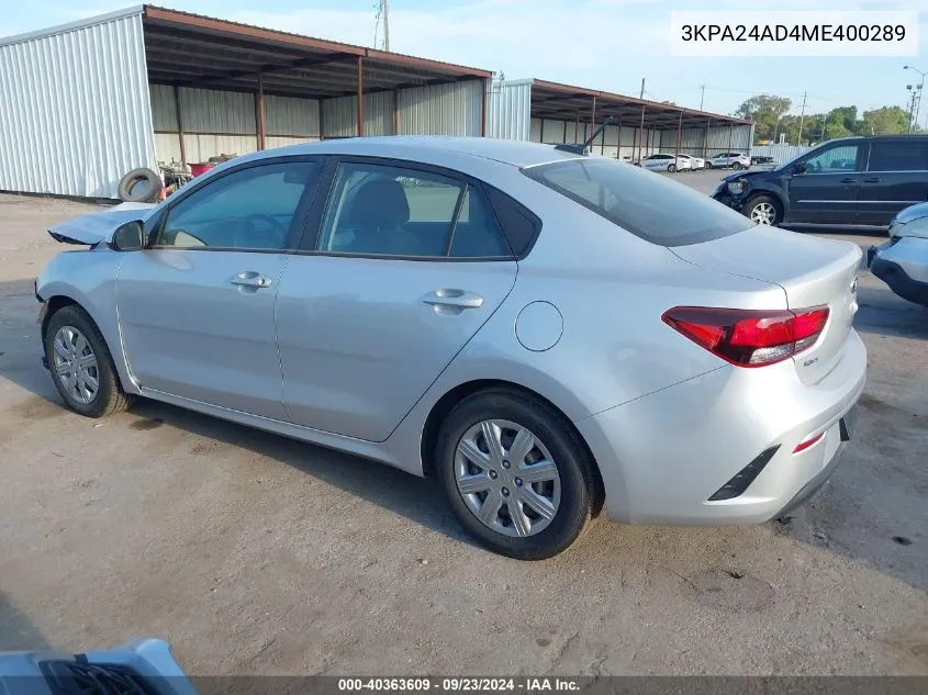 2021 Kia Rio Lx VIN: 3KPA24AD4ME400289 Lot: 40363609