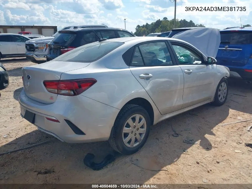 2021 Kia Rio S VIN: 3KPA24AD3ME381735 Lot: 40504659