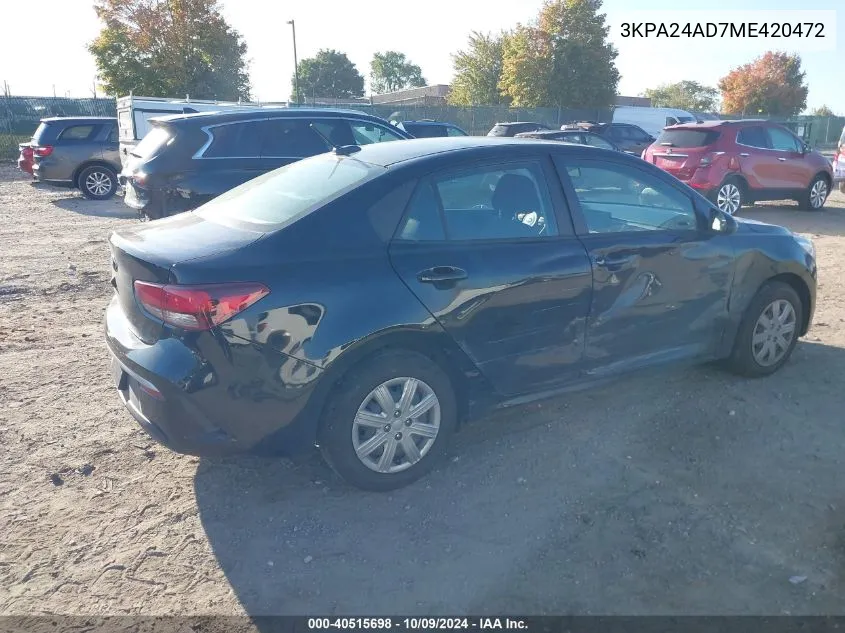 2021 Kia Rio Lx/S VIN: 3KPA24AD7ME420472 Lot: 40515698