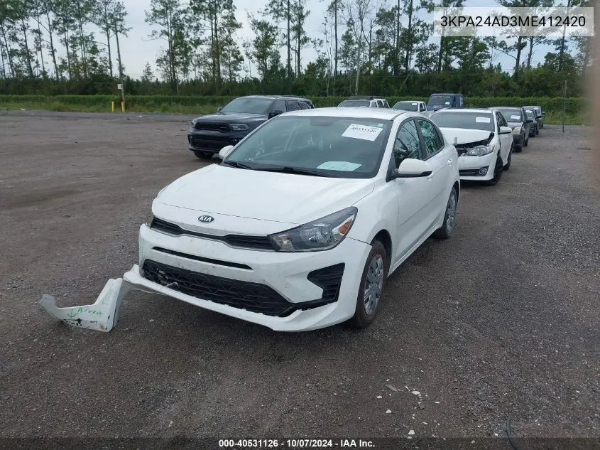 2021 Kia Rio Lx VIN: 3KPA24AD3ME412420 Lot: 40531126