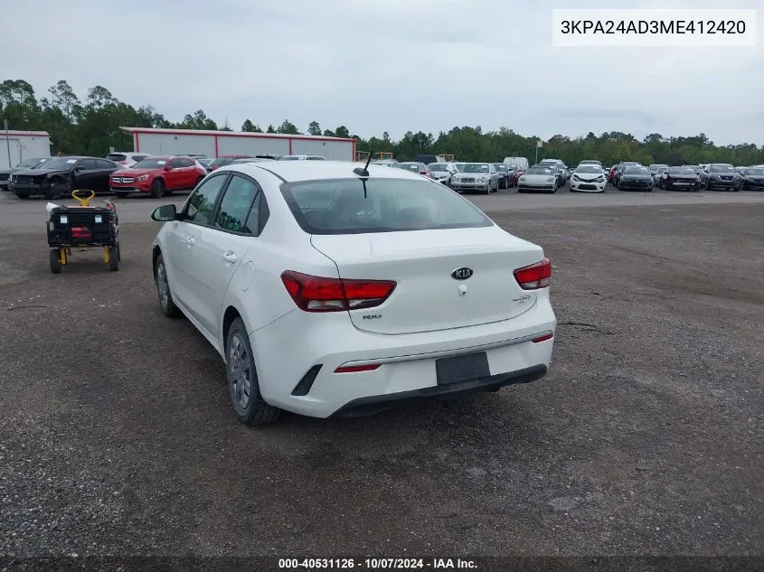 2021 Kia Rio Lx VIN: 3KPA24AD3ME412420 Lot: 40531126