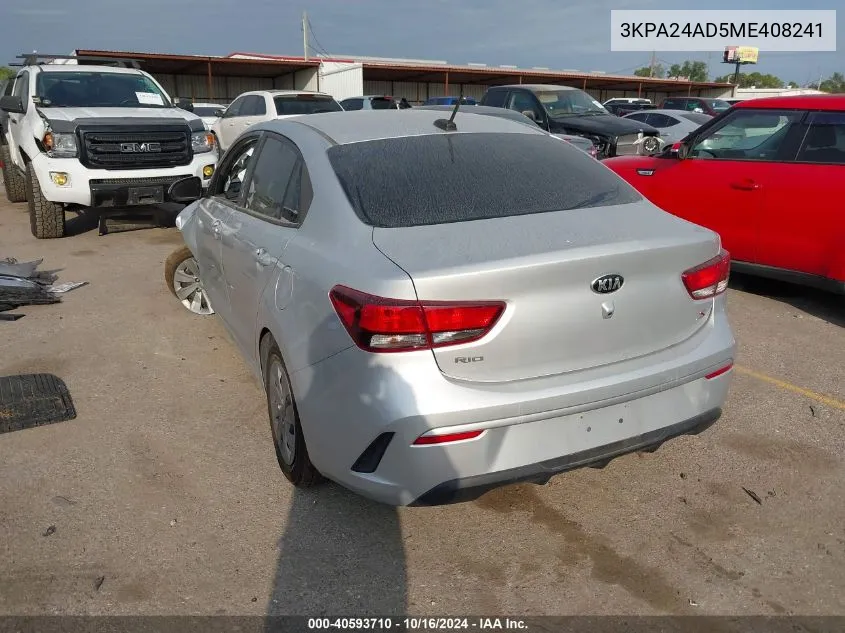 2021 Kia Rio S VIN: 3KPA24AD5ME408241 Lot: 40593710