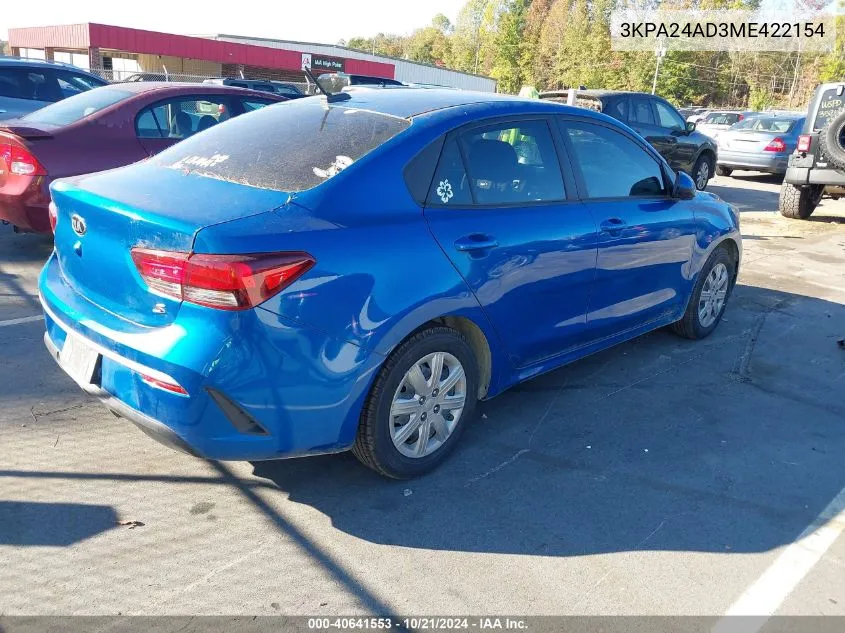 2021 Kia Rio Lx/S VIN: 3KPA24AD3ME422154 Lot: 40641553