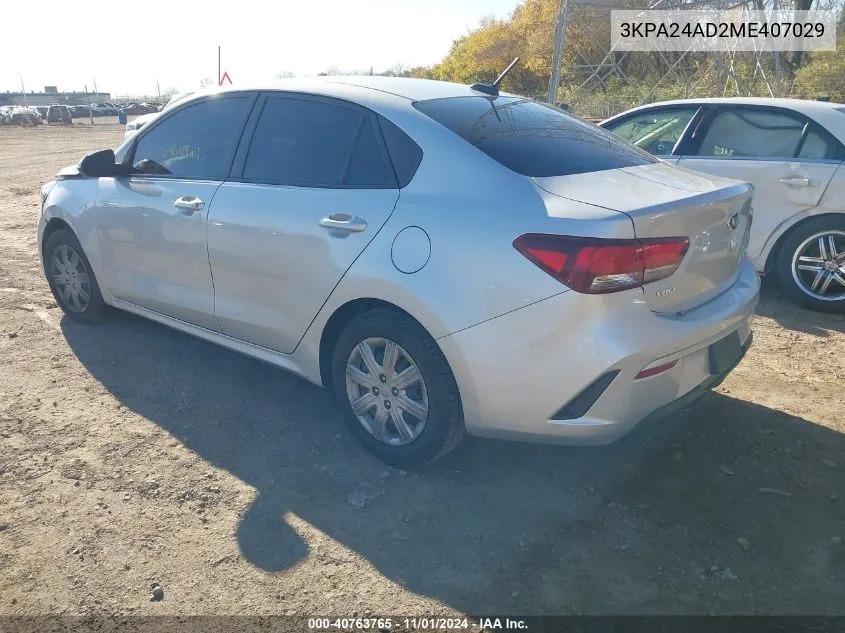 2021 Kia Rio Lx VIN: 3KPA24AD2ME407029 Lot: 40763765