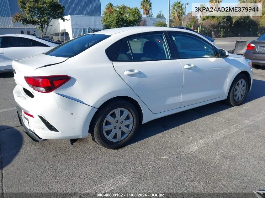 2021 Kia Rio S VIN: 3KPA24AD2ME379944 Lot: 40809162