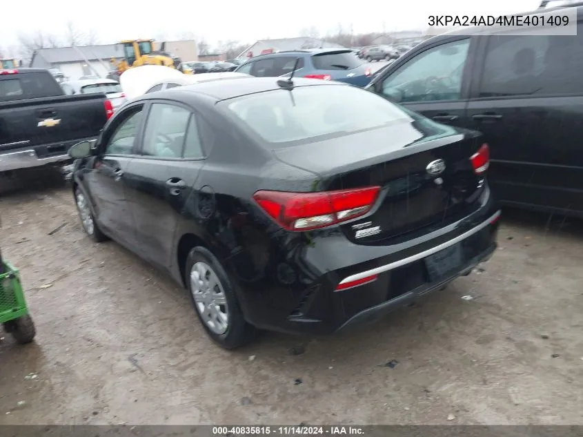 2021 Kia Rio S VIN: 3KPA24AD4ME401409 Lot: 40835815