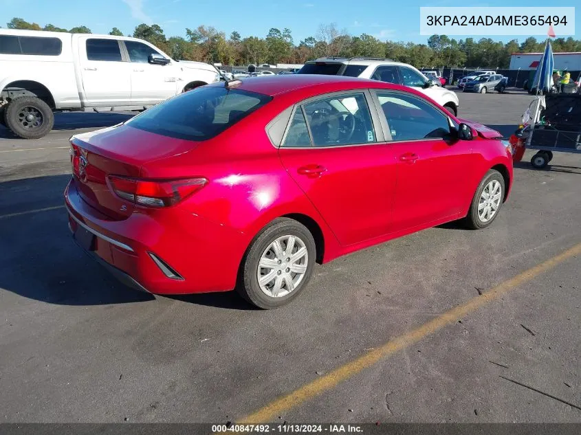 2021 Kia Rio S VIN: 3KPA24AD4ME365494 Lot: 40847492