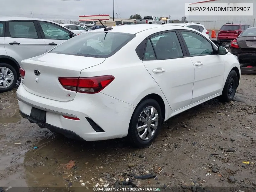 2021 Kia Rio S VIN: 3KPA24AD0ME382907 Lot: 40903792