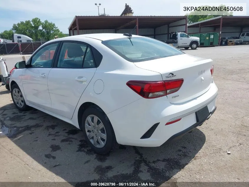 2022 Kia Rio S VIN: 3KPA24AD0NE450608 Lot: 39628798