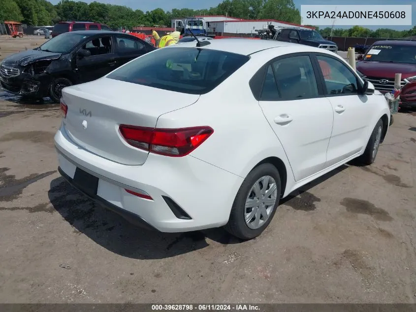 2022 Kia Rio S VIN: 3KPA24AD0NE450608 Lot: 39628798