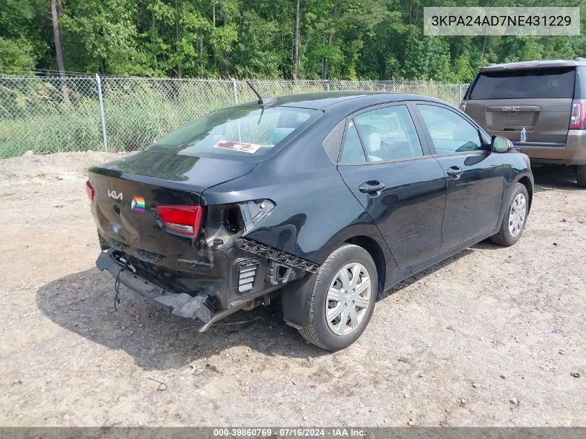 2022 Kia Rio S VIN: 3KPA24AD7NE431229 Lot: 39860769