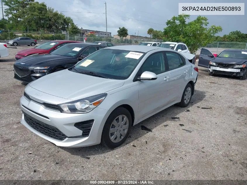 2022 Kia Rio S VIN: 3KPA24AD2NE500893 Lot: 39924909