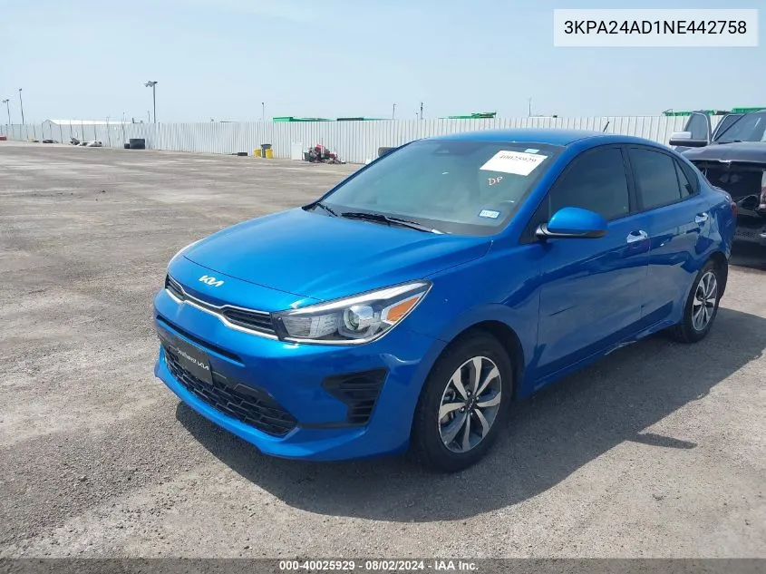 2022 Kia Rio S VIN: 3KPA24AD1NE442758 Lot: 40025929