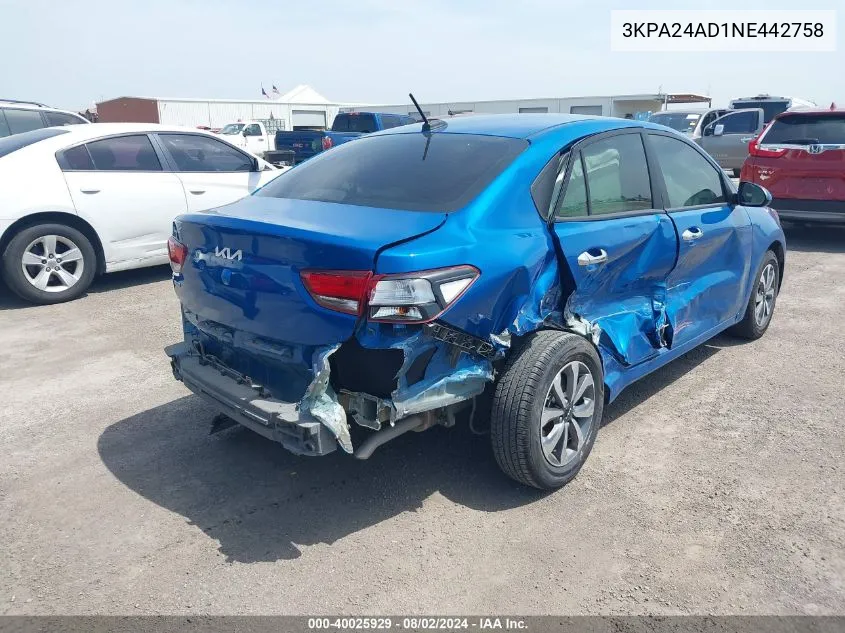 2022 Kia Rio S VIN: 3KPA24AD1NE442758 Lot: 40025929