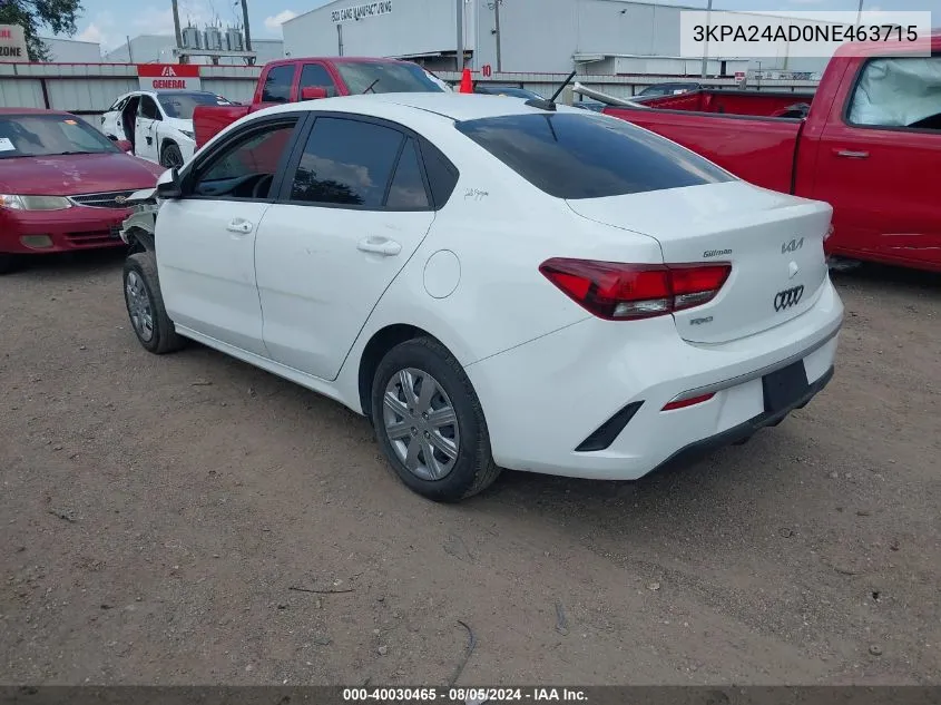 2022 Kia Rio Lx VIN: 3KPA24AD0NE463715 Lot: 40030465