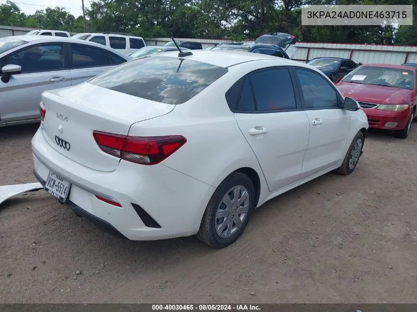 2022 Kia Rio Lx VIN: 3KPA24AD0NE463715 Lot: 40030465