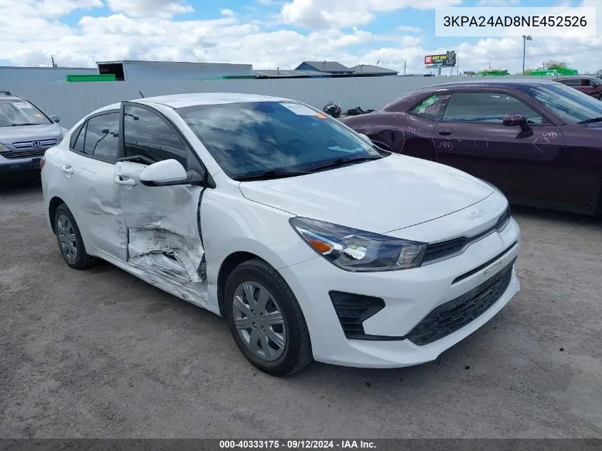 2022 Kia Rio Lx VIN: 3KPA24AD8NE452526 Lot: 40333175