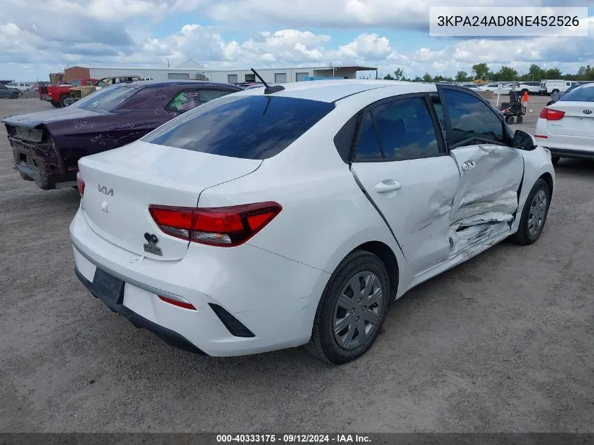 2022 Kia Rio Lx VIN: 3KPA24AD8NE452526 Lot: 40333175