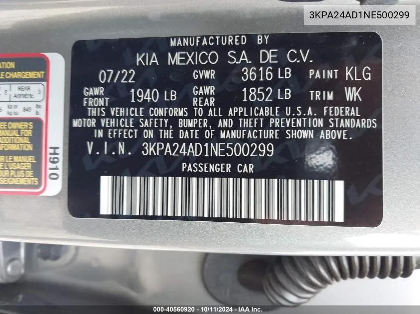 3KPA24AD1NE500299 2022 Kia Rio S