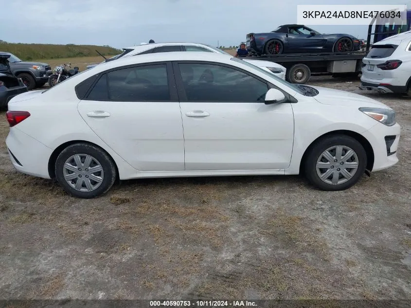 2022 Kia Rio S VIN: 3KPA24AD8NE476034 Lot: 40590753