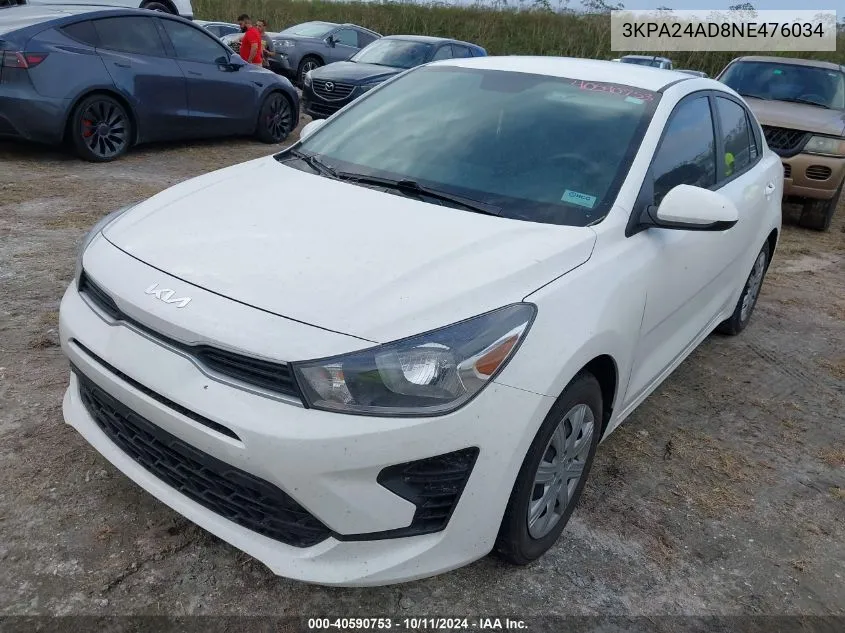 2022 Kia Rio S VIN: 3KPA24AD8NE476034 Lot: 40590753