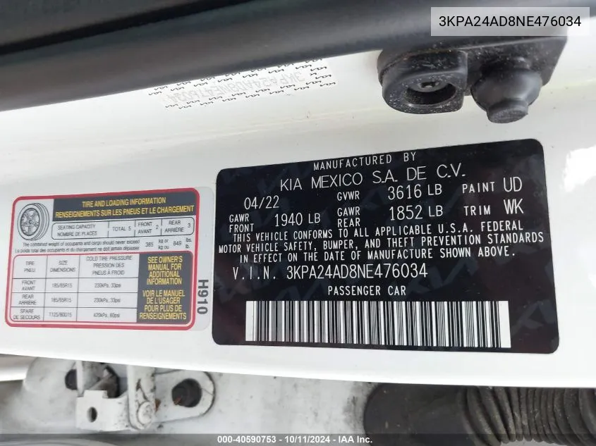 3KPA24AD8NE476034 2022 Kia Rio S