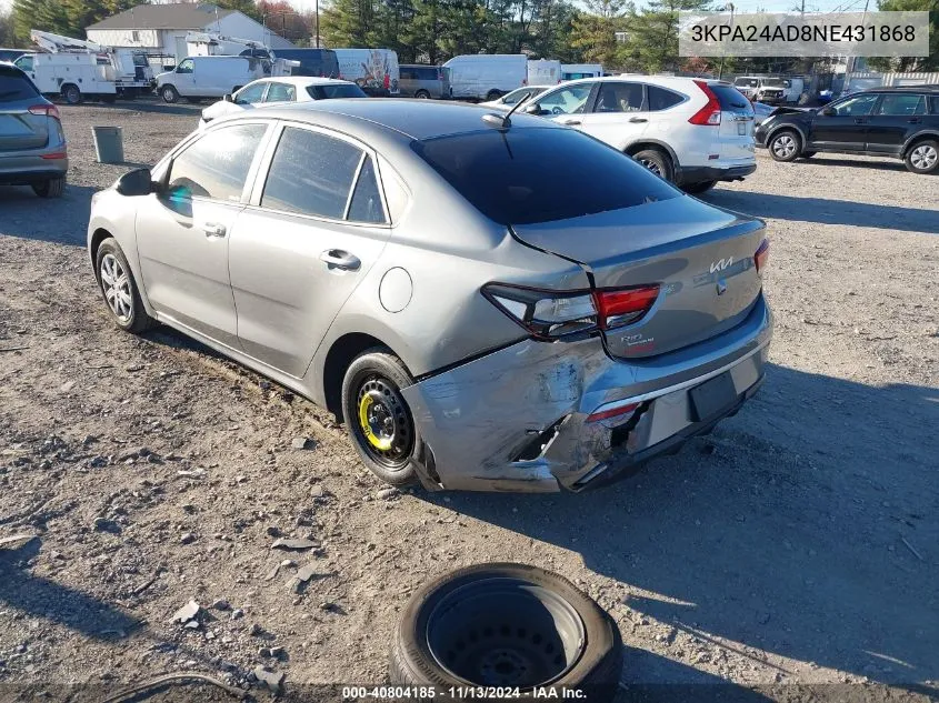 2022 Kia Rio S VIN: 3KPA24AD8NE431868 Lot: 40804185